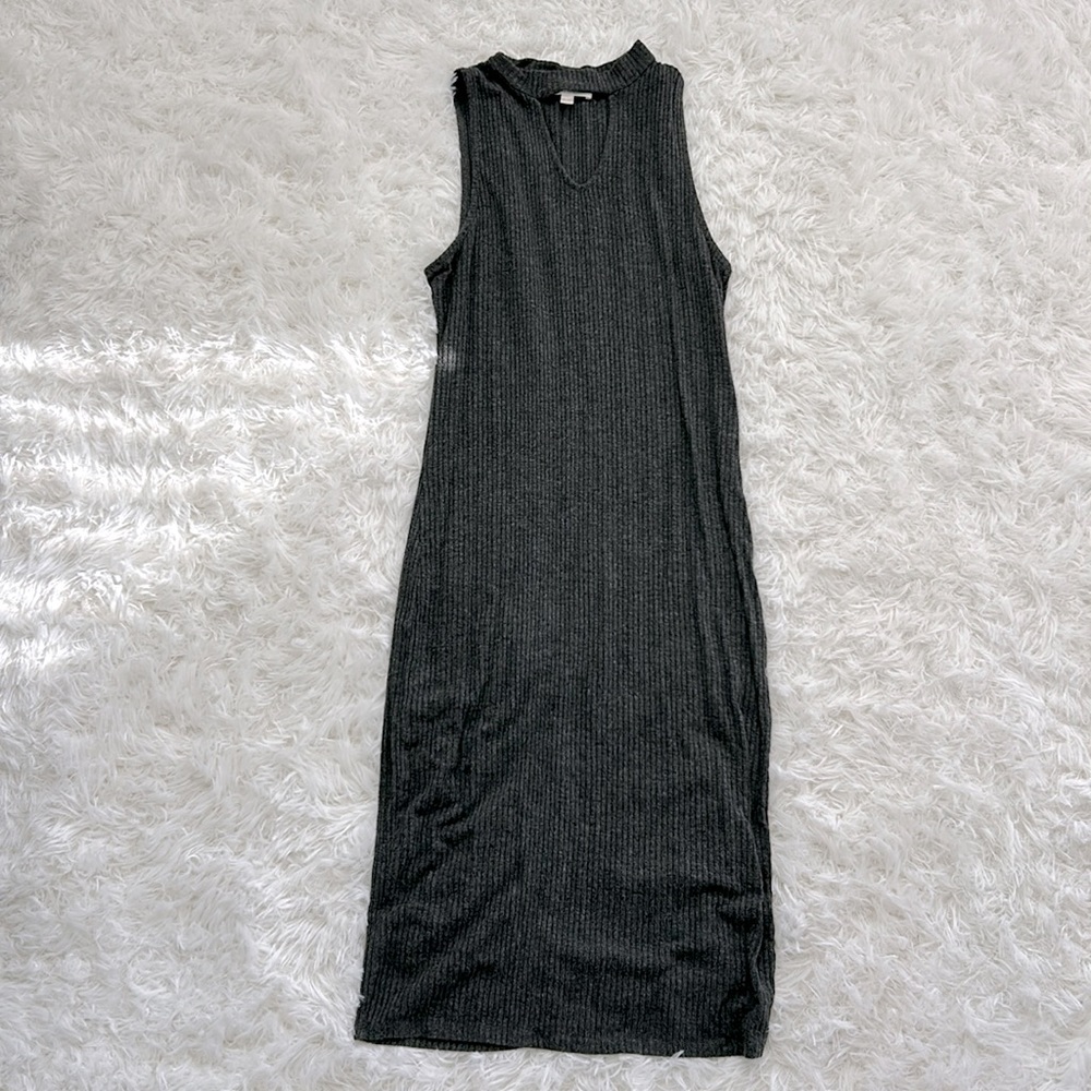 Charcoal Grey Ribbed Bodycon Dress